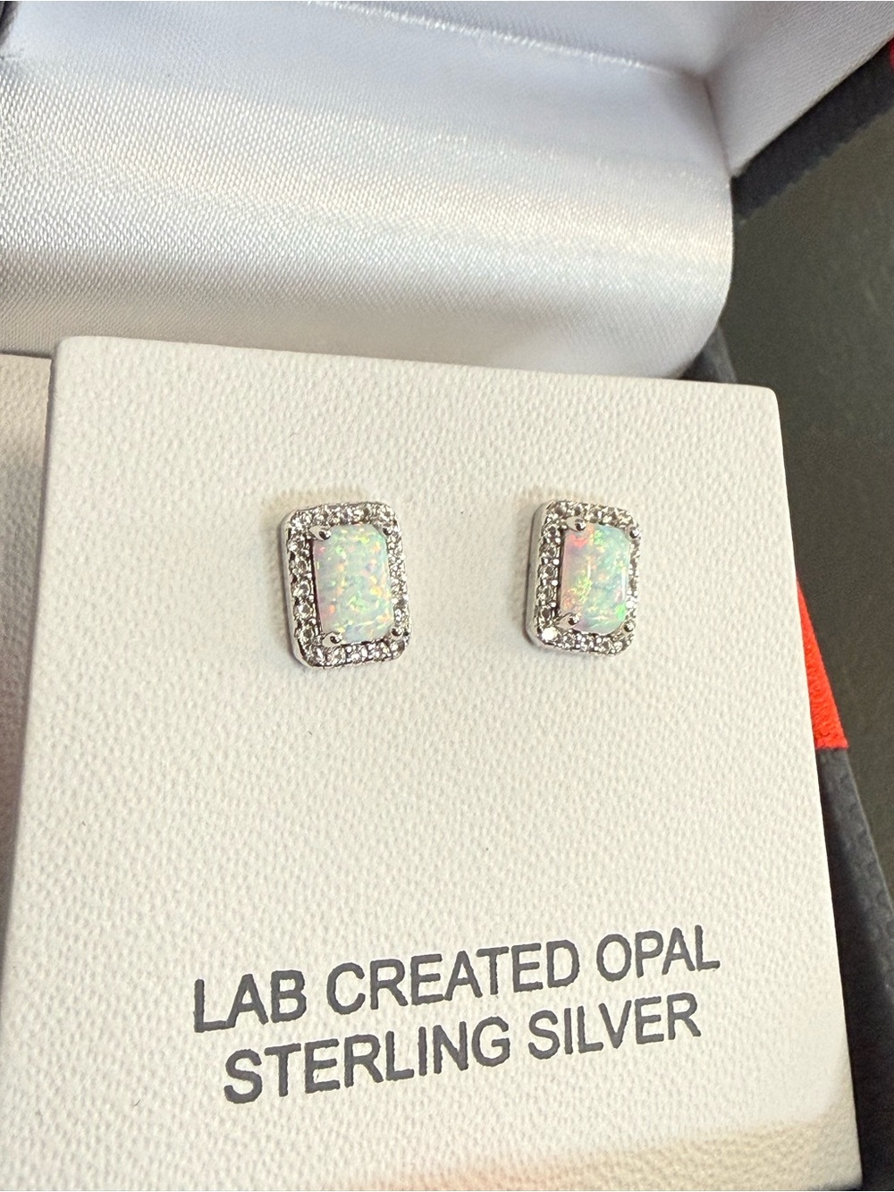 Sterling Silver Lab Created Opal Halo Stud Earrings - White Opal NIB - Picture 3 of 5